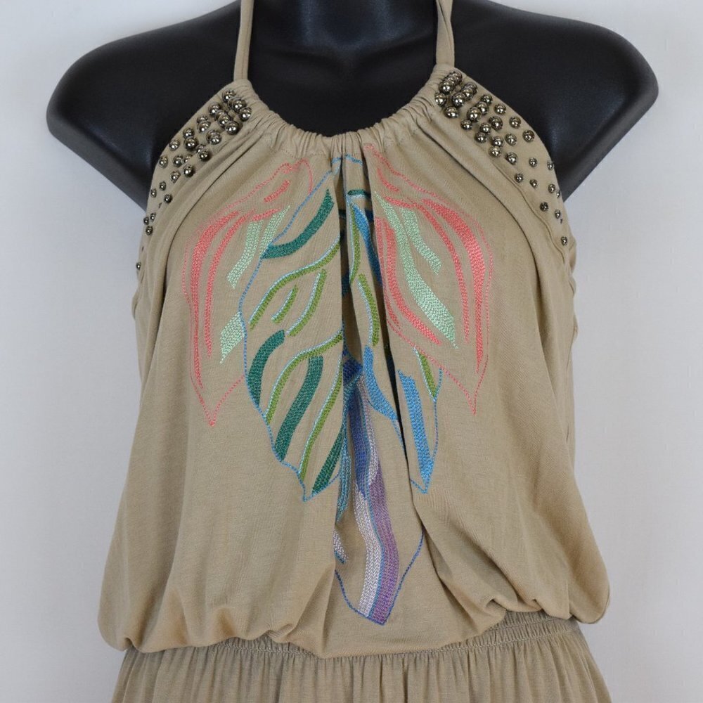 Escada Sport Tan Embroidered Halter Mini Dress 4 Jersey Knit Studded - Picture 4 of 9
